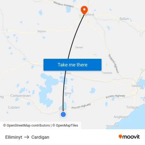 Elliminyt to Cardigan map