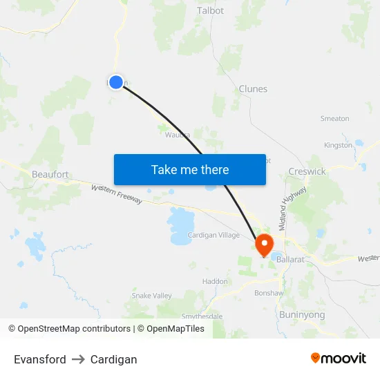 Evansford to Cardigan map