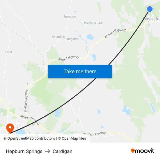 Hepburn Springs to Cardigan map
