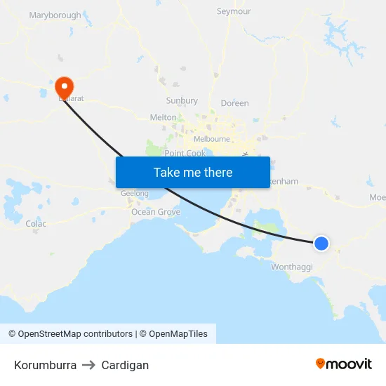Korumburra to Cardigan map