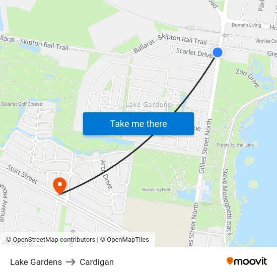 Lake Gardens to Cardigan map