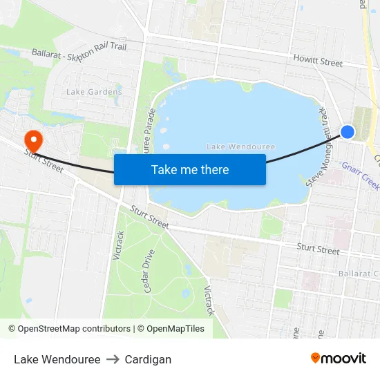 Lake Wendouree to Cardigan map