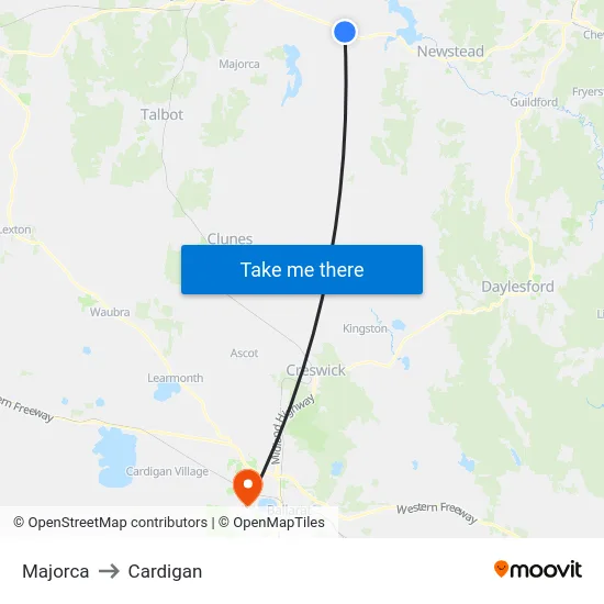 Majorca to Cardigan map
