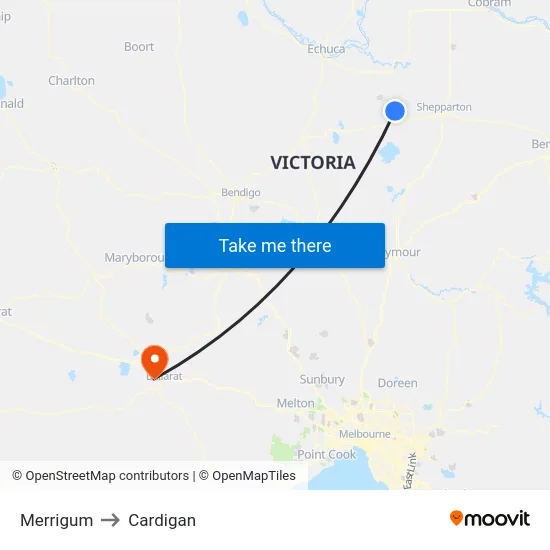 Merrigum to Cardigan map