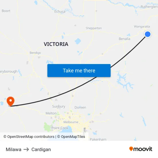 Milawa to Cardigan map