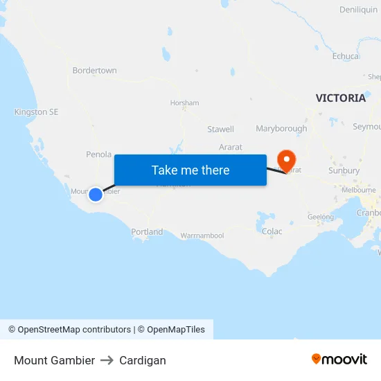 Mount Gambier to Cardigan map