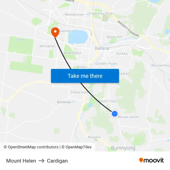 Mount Helen to Cardigan map