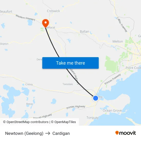 Newtown (Geelong) to Cardigan map