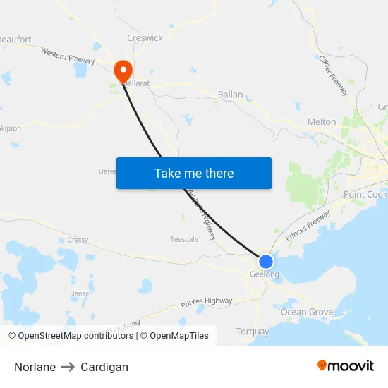 Norlane to Cardigan map