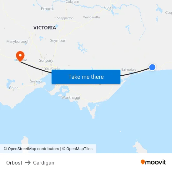 Orbost to Cardigan map
