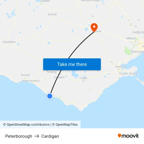 Peterborough to Cardigan map
