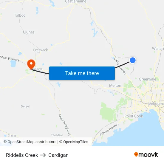 Riddells Creek to Cardigan map