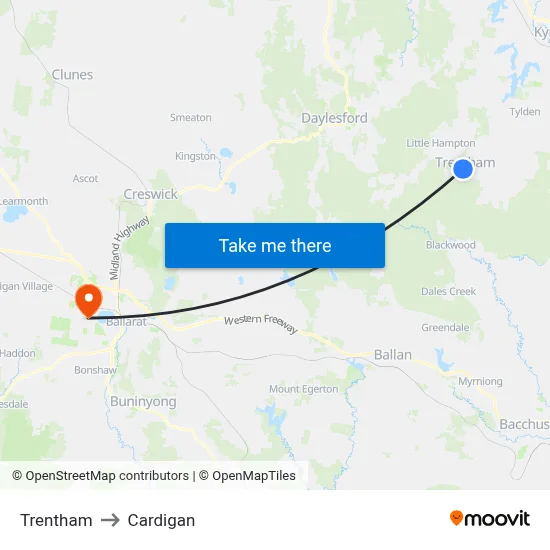 Trentham to Cardigan map