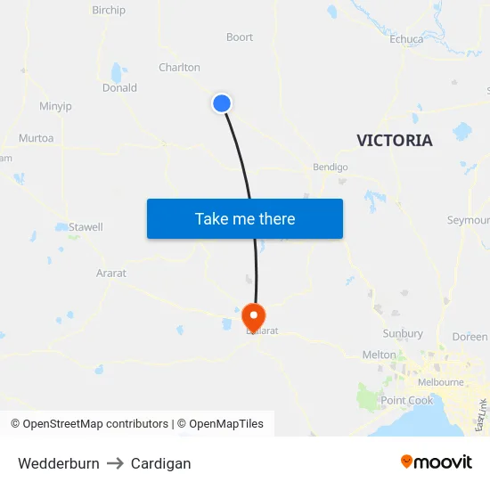 Wedderburn to Cardigan map