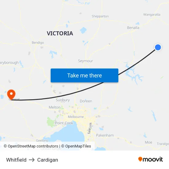 Whitfield to Cardigan map