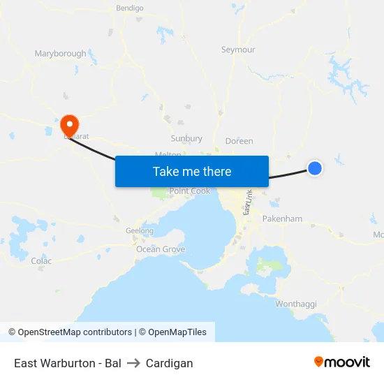 East Warburton - Bal to Cardigan map