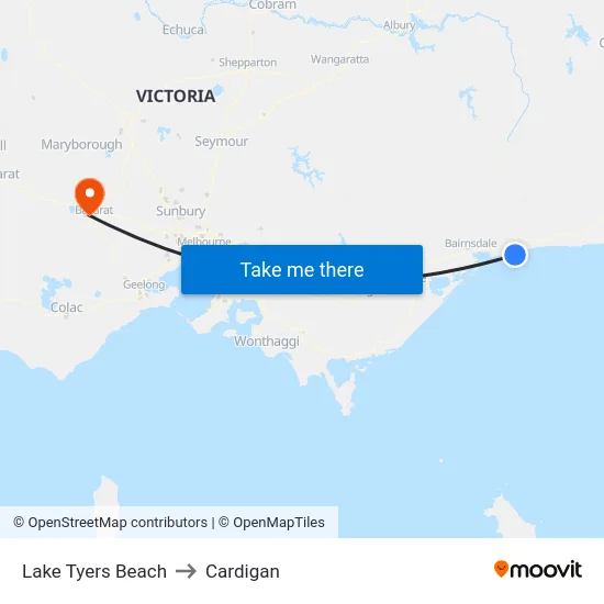 Lake Tyers Beach to Cardigan map