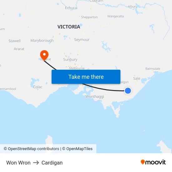 Won Wron to Cardigan map