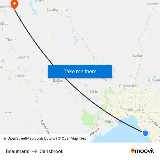 Beaumaris to Carisbrook map