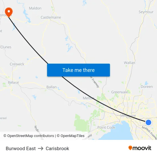 Burwood East to Carisbrook map