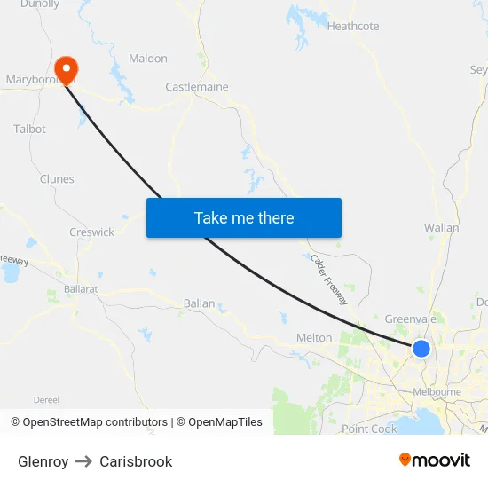 Glenroy to Carisbrook map