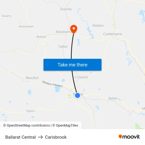 Ballarat Central to Carisbrook map