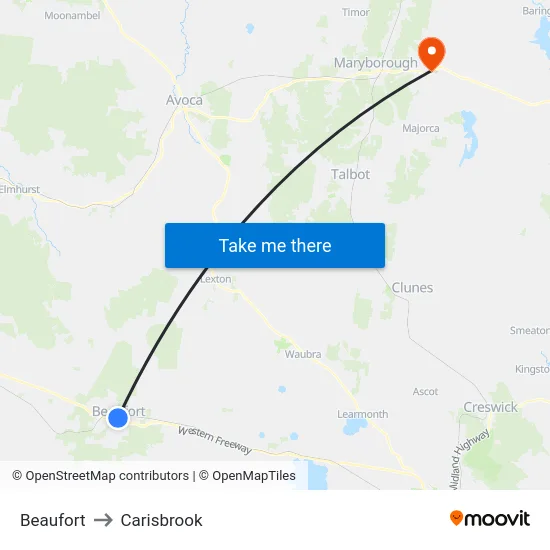 Beaufort to Carisbrook map