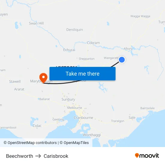 Beechworth to Carisbrook map