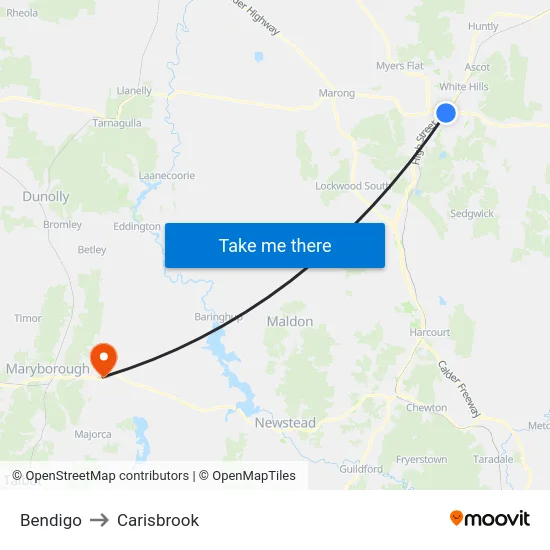Bendigo to Carisbrook map