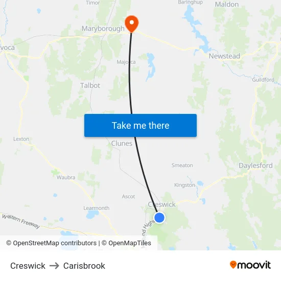 Creswick to Carisbrook map