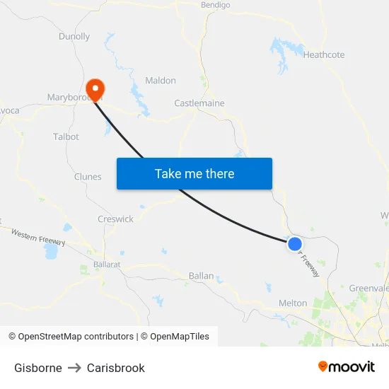 Gisborne to Carisbrook map