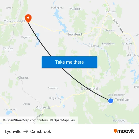 Lyonville to Carisbrook map