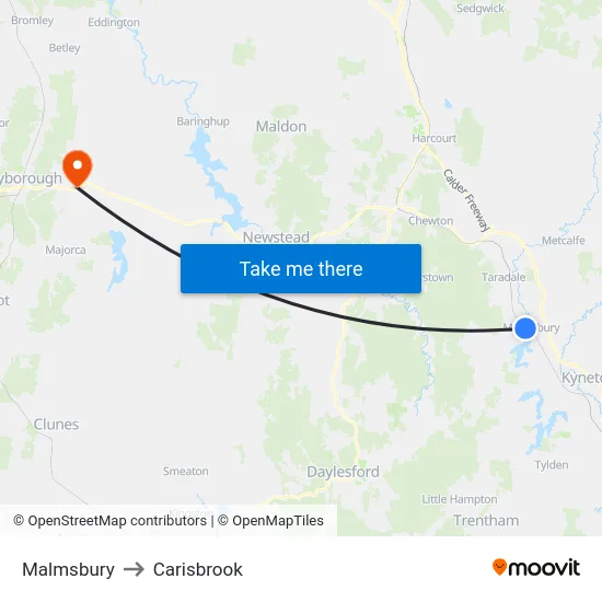 Malmsbury to Carisbrook map