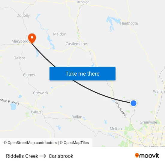 Riddells Creek to Carisbrook map