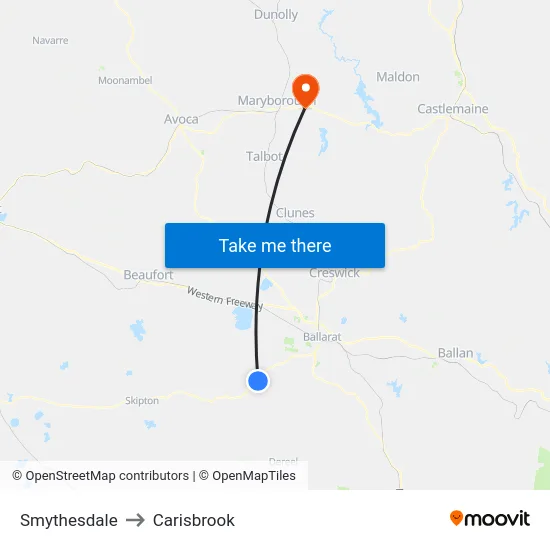 Smythesdale to Carisbrook map