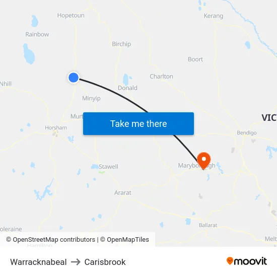 Warracknabeal to Carisbrook map