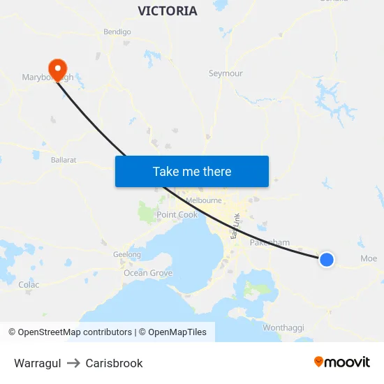 Warragul to Carisbrook map