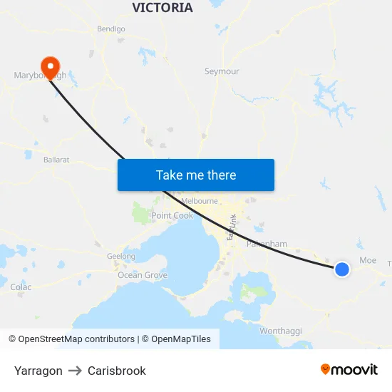 Yarragon to Carisbrook map