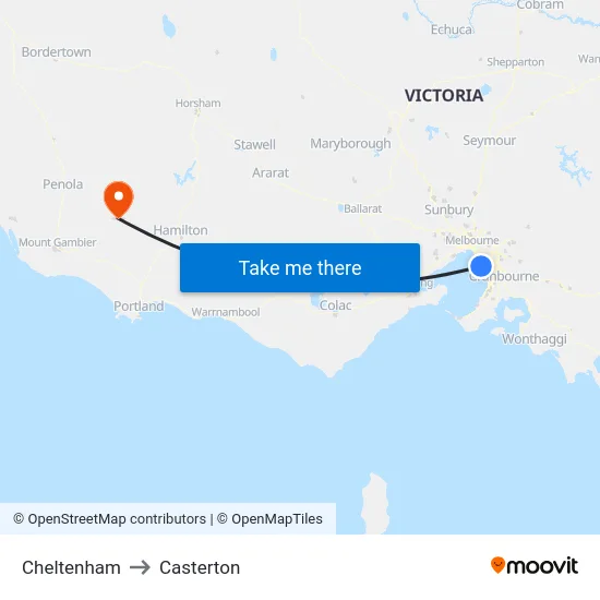 Cheltenham to Casterton map