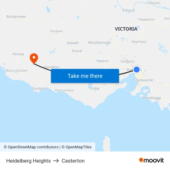 Heidelberg Heights to Casterton map