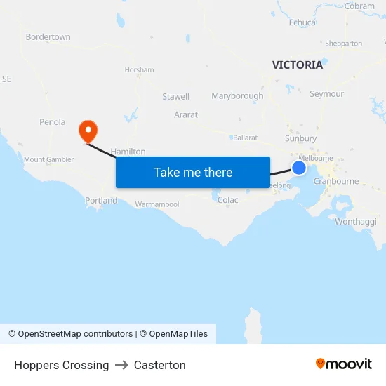 Hoppers Crossing to Casterton map