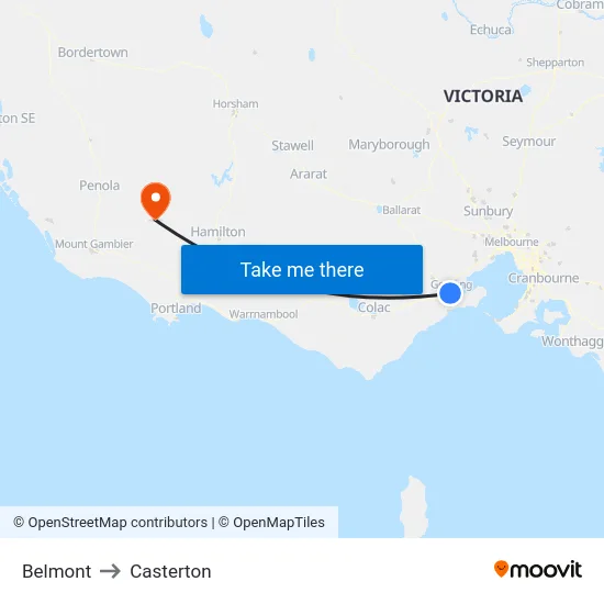 Belmont to Casterton map