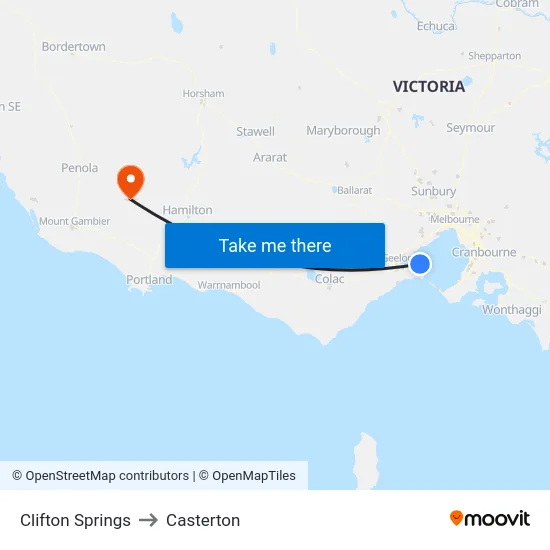 Clifton Springs to Casterton map