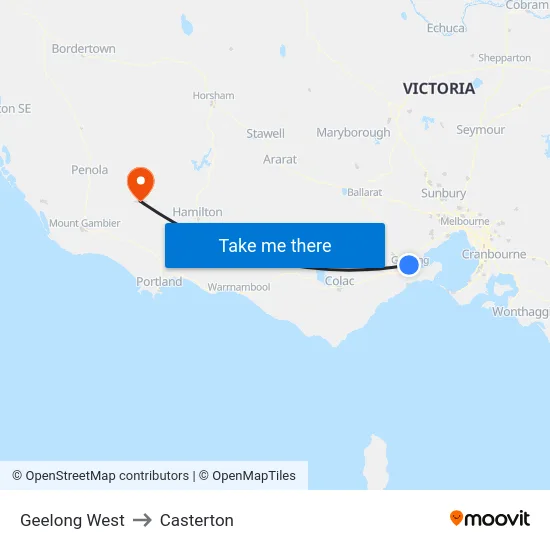 Geelong West to Casterton map