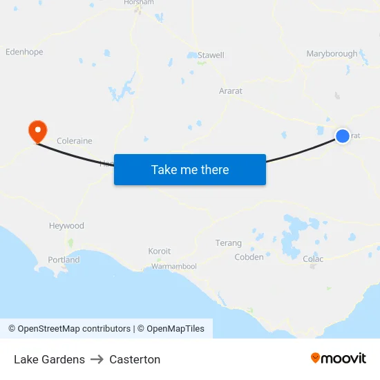Lake Gardens to Casterton map