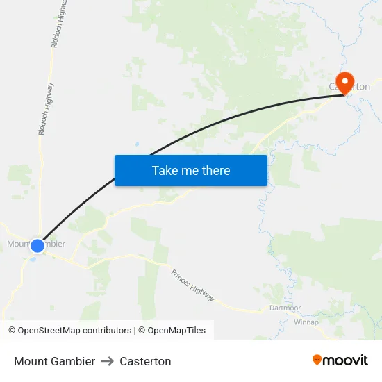 Mount Gambier to Casterton map