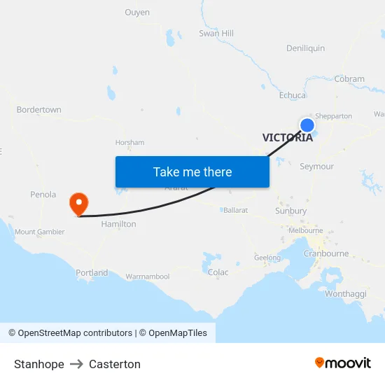 Stanhope to Casterton map