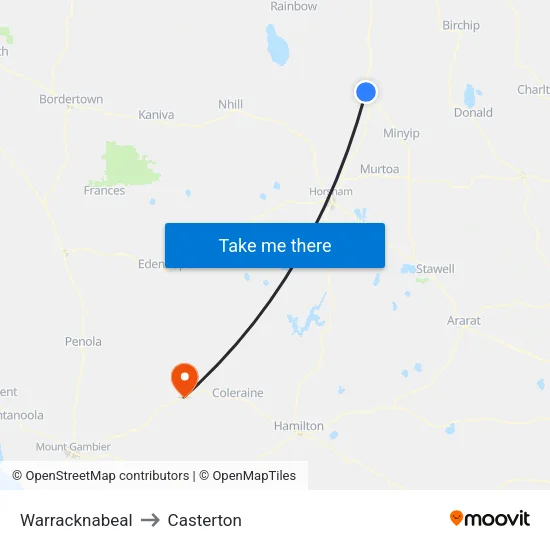 Warracknabeal to Casterton map