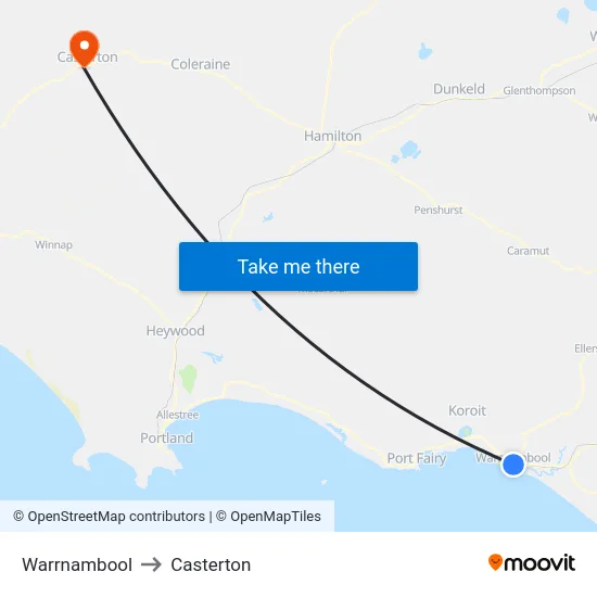 Warrnambool to Casterton map