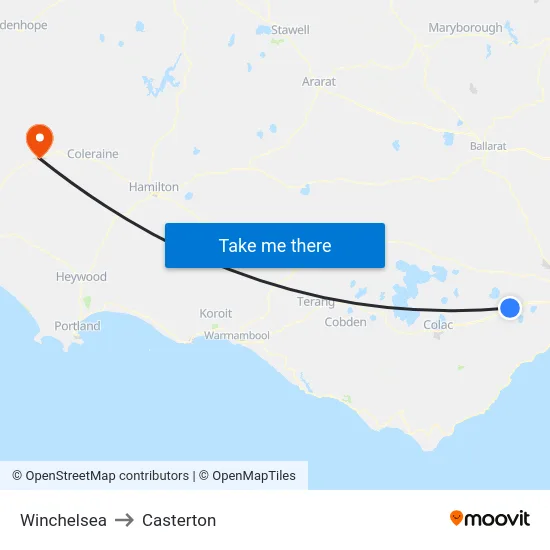 Winchelsea to Casterton map